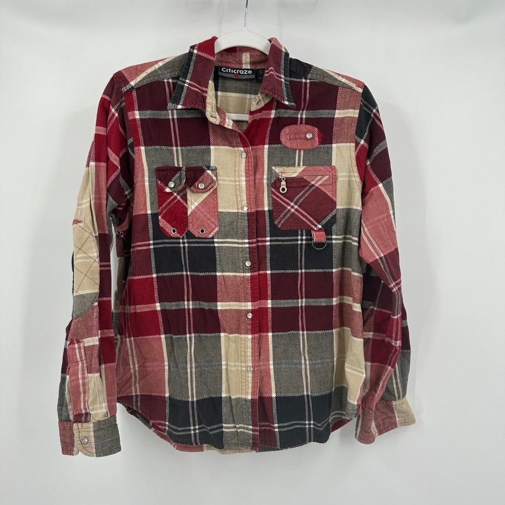 Womens Earthy Patchwork Plaid Flannel Shirt Size XL Outdoorsy Utility Indie Alt